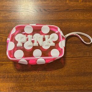 VICTORIAS SECRET PINK Y2K TRANSPARENT PINK W/WHITE POLKA DOTS MAKEUP BAG NEW